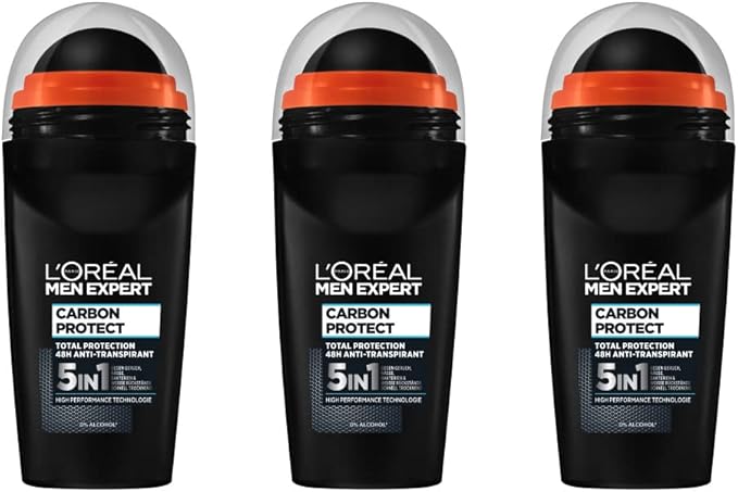 L'Oréal Men Expert Deodorant for Men, 5-in-1 Roll-On Deodorant Against Odours, Moisture, Bacteria and White Residues for up to 48 Hours Freshness, Carbon Protect - 3 x 50 ml