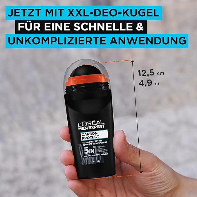 L'Oréal Men Expert Deodorant for Men, 5-in-1 Roll-On Deodorant Against Odours, Moisture, Bacteria and White Residues for up to 48 Hours Freshness, Carbon Protect - 3 x 50 ml