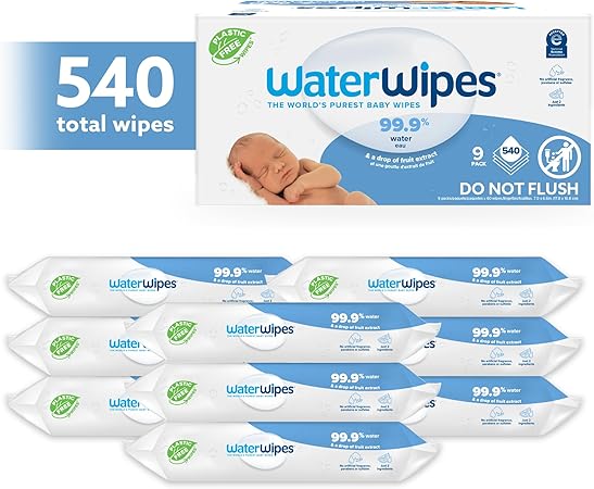 WaterWipes Original Plastic Free Baby Wipes, 540 wet wipes (9 packs), 99.9% Water Based Wet Wipes & Unscented for Sensitive Skin