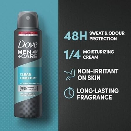 Dove Men+Care Antiperspirant Dry Spray Deodorant for Men Clean Comfort 48 Hour Sweat and Body Odor Protection 250ml x 3