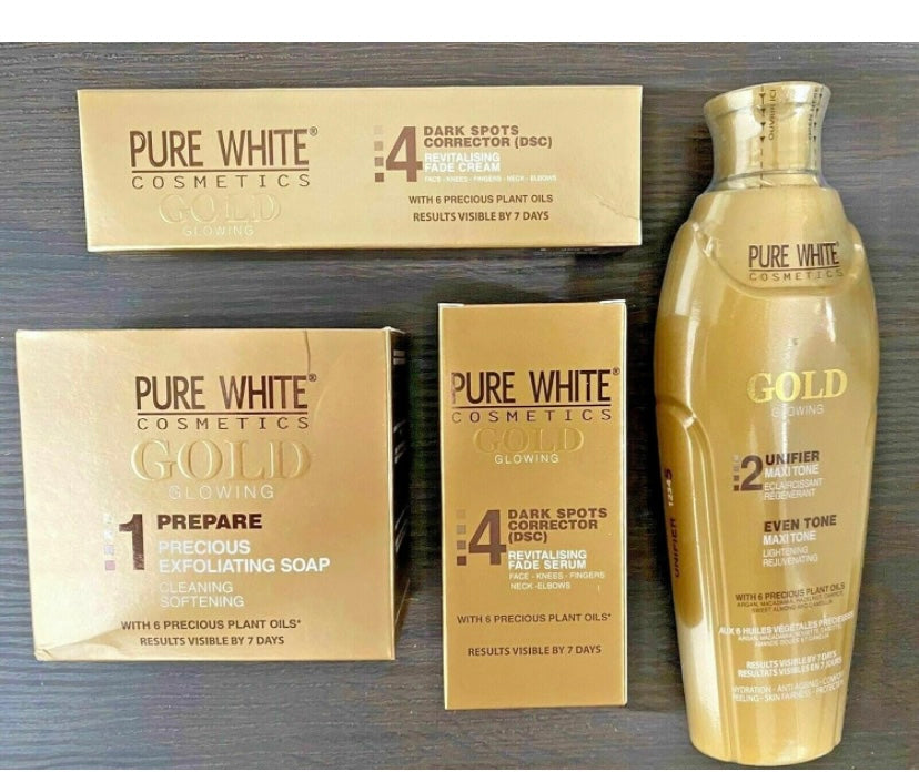 PURE WHITE GOLD GLOWING LOTION NEW FULL SET OF, Seum, Soap, Cream X 4 pack