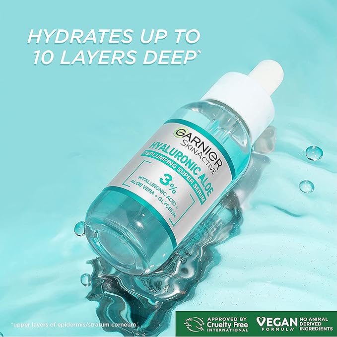 Garnier SkinActive Hyaluronic Aloe Super Serum, Replumps & Hydrates Skin Up to 10 Layers Deep, With 3% Hyaluronic Acid Aloe Vera & Glycerin, 30ml