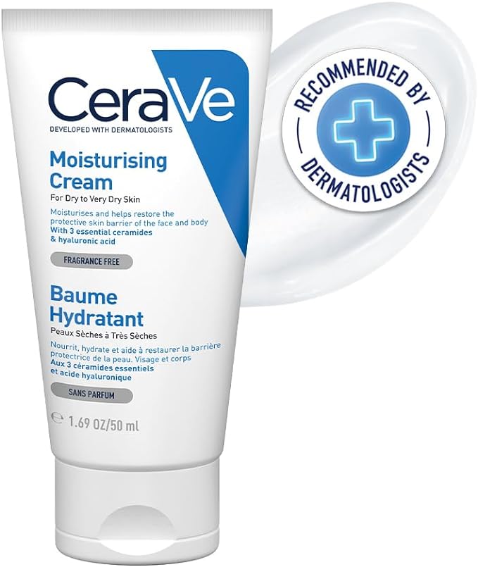 CeraVe Moisturizing Cream | 48H Body and Face Moisturizer for Dry to Very Dry Skin with Hyaluronic Acid and Ceramides | Fragrance Free | 50 ML