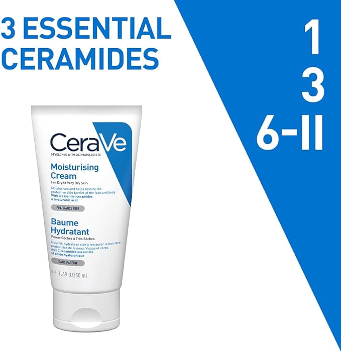 CeraVe Moisturizing Cream | 48H Body and Face Moisturizer for Dry to Very Dry Skin with Hyaluronic Acid and Ceramides | Fragrance Free | 50 ML