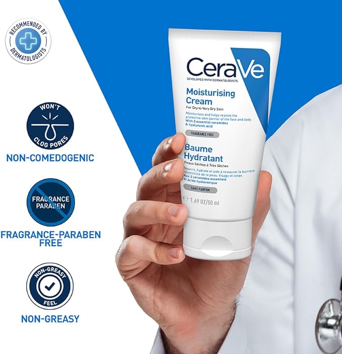 CeraVe Moisturizing Cream | 48H Body and Face Moisturizer for Dry to Very Dry Skin with Hyaluronic Acid and Ceramides | Fragrance Free | 50 ML