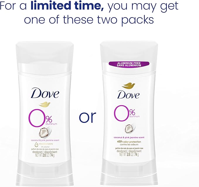 Dove Aluminum Free Deodorant for Women 24-Hour Odor Protection, Coconut and Pink Jasmine, White 74g X (Pack of 3)