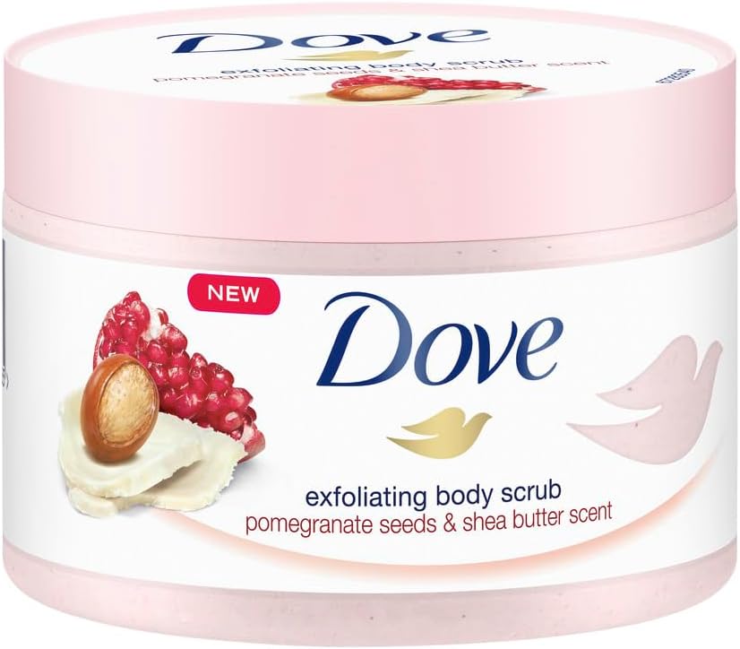 Dove Exfoliating Body Polish Scrub, Pomegranate & Shea Butter, with ¼ moisturising cream, 225ml