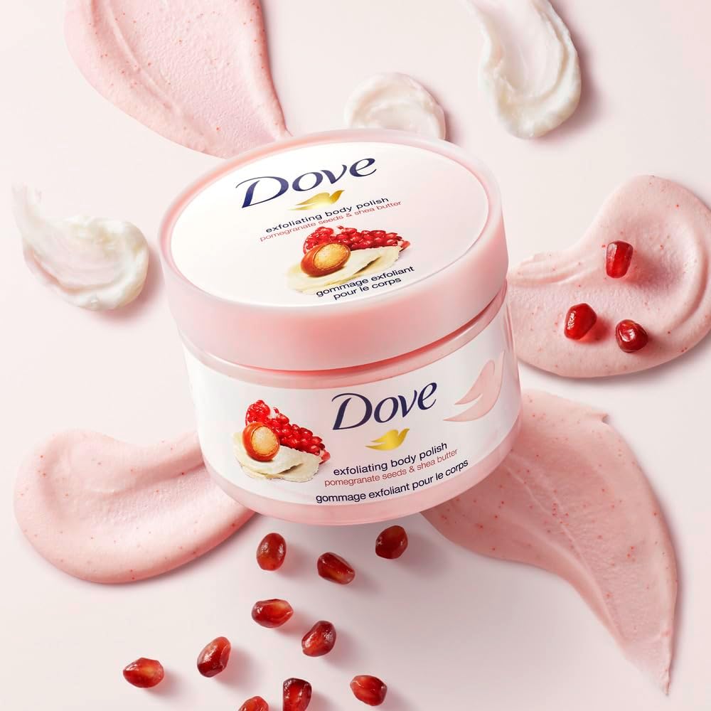 Dove Exfoliating Body Polish Scrub, Pomegranate & Shea Butter, with ¼ moisturising cream, 225ml