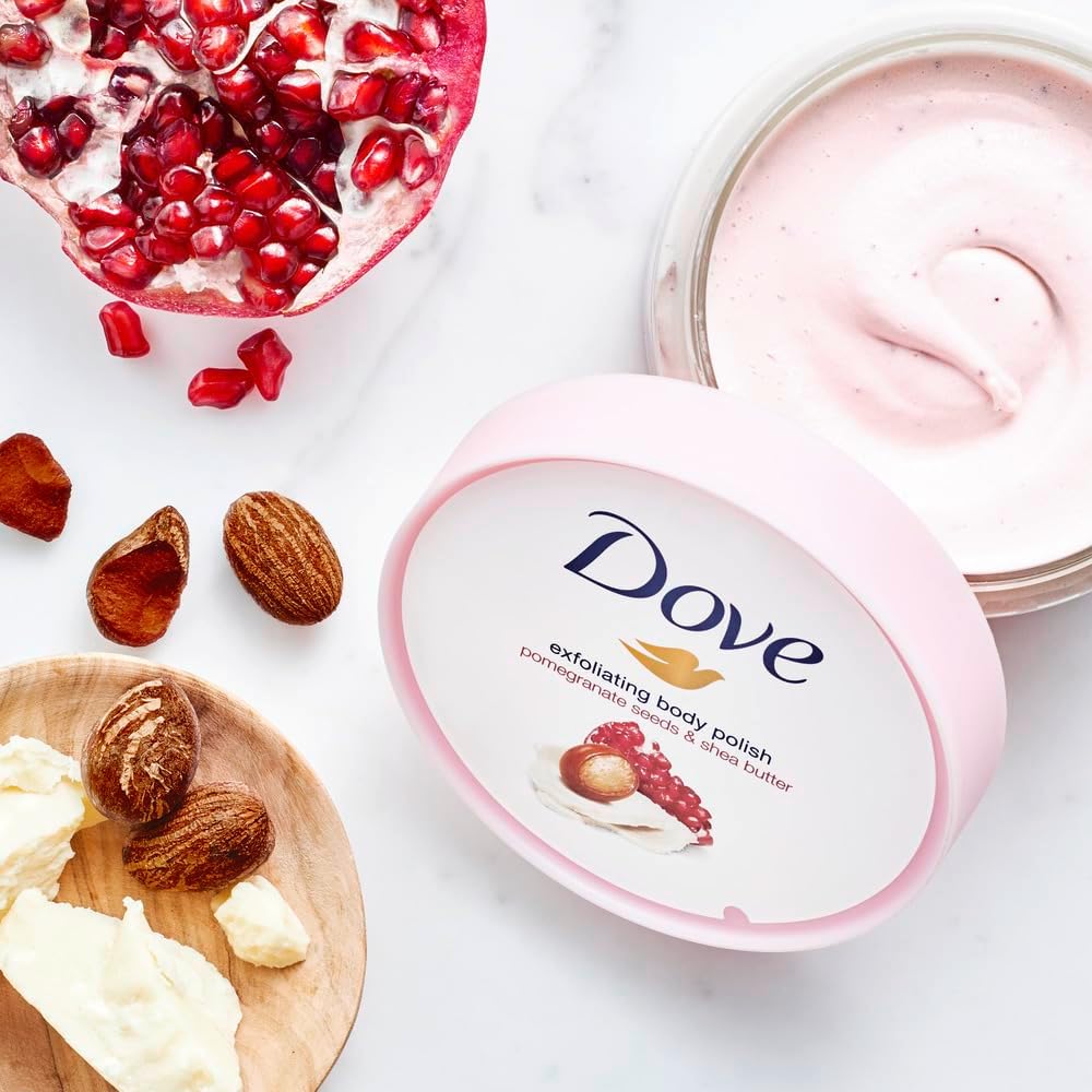 Dove Exfoliating Body Polish Scrub, Pomegranate & Shea Butter, with ¼ moisturising cream, 225ml