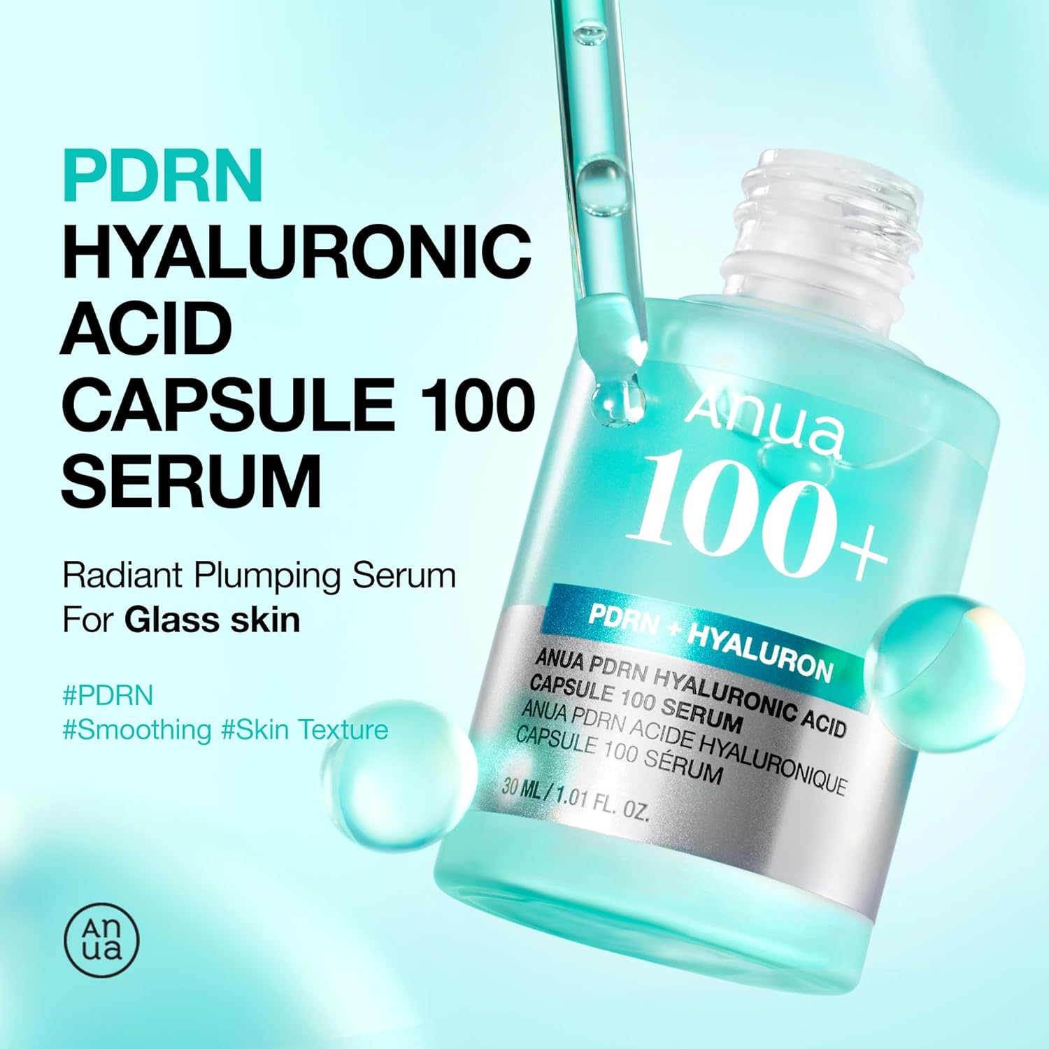 Anua PDRN Hyaluronic Acid Capsule 100 Serum, Radiant Face Serum, Hyaluronic Acid, Hydration, Moisture Plumping effect, Natural color, Fragrance free, Korean...