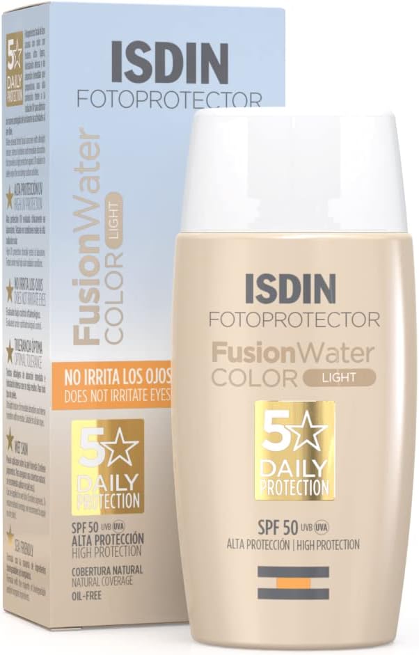 Isdin Fusion Water Colour Spf 50 (Light) 50Ml, Tinted Daily Facial Sun Cream, Ultra-Light Texture