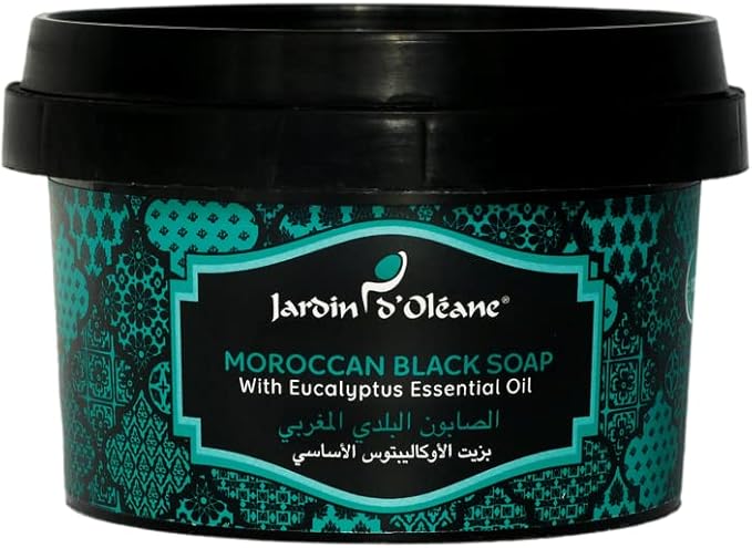 Jardin Oleane Moroccan Black Soap - 100 % natural Moroccan Black Soap, Body Scrub, Pure & Natural, Purifying, Cleansing, exfoliating for Hammam Ritual (Essential Oil Of Eucalyptus, 250 g)