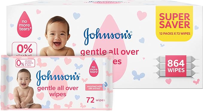 Johnson's Gentle All Over Wipes – Super Saver Pack 8 + 4 Free, 12x72, 864 Wipes