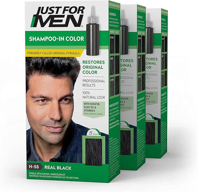 Just For Men Shampoo-In Color (Formerly Original Formula), Mens Hair Color with Keratin and Vitamin E for Stronger Hair - Real Black, H-55, Pack of 3