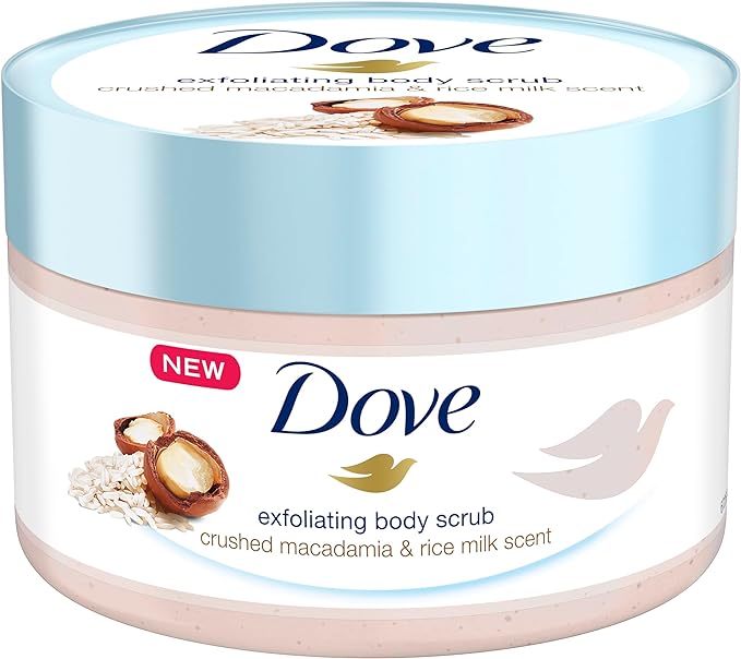 Dove Exfoliating Body Polish Scrub, Macadamia & Rice Milk, with ¼ moisturising cream, 225ml