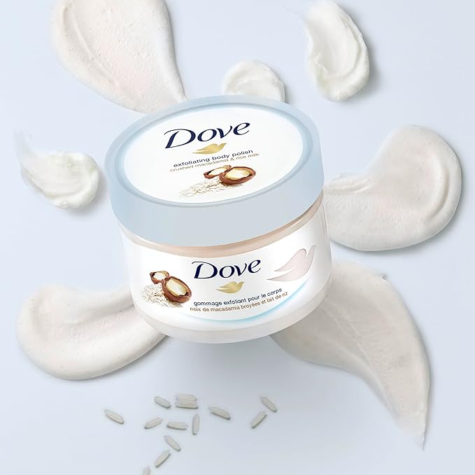 Dove Exfoliating Body Polish Scrub, Macadamia & Rice Milk, with ¼ moisturising cream, 225ml