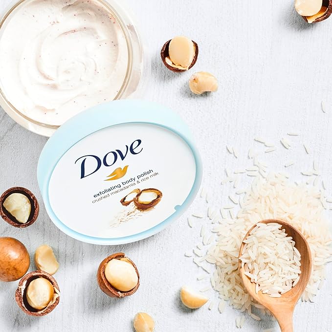 Dove Exfoliating Body Polish Scrub, Macadamia & Rice Milk, with ¼ moisturising cream, 225ml