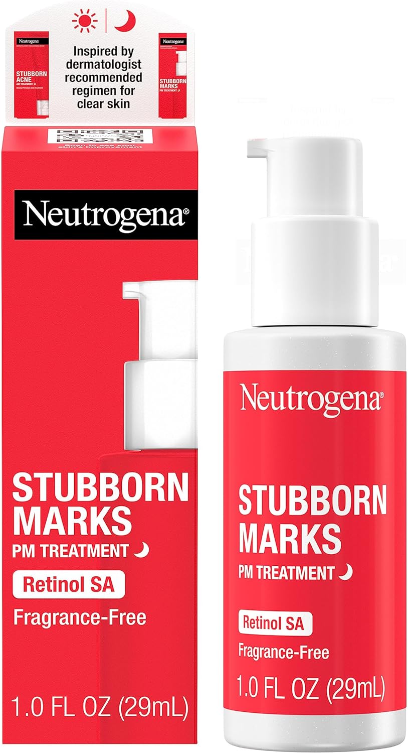 Neutrogena Stubborn Marks PM Treatment Retinol Serum, Acne Scar Treatment for Face to Help Reverse the Look of Post-Acne Marks & Uneven Skin Tone, Oil-Free, Non-Comedogenic, Fragrance Free, 1.0 fl. oz