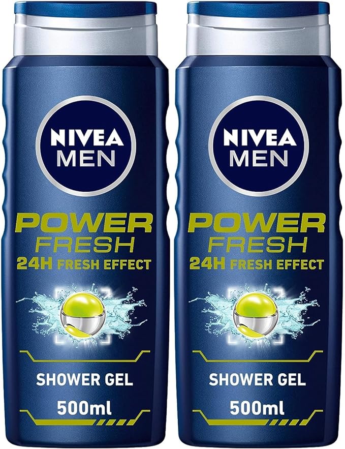 NIVEA MEN 3in1 Shower Gel, Power Fresh 24h Fresh Effect Citrus Scent, 2x500ml