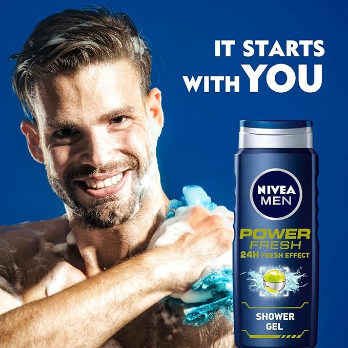 NIVEA MEN 3in1 Shower Gel, Power Fresh 24h Fresh Effect Citrus Scent, 2x500ml