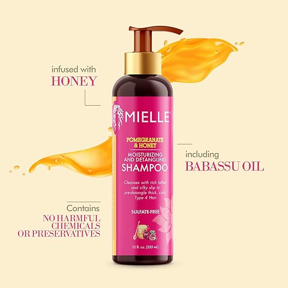 Mielle Organics Pomegranate & Honey Moisturizing and Detangling Shampoo, Hydrating Curl Cleanser For Dry, Damaged Type 4 Hair, Repair, Restore, and Prevent Frizz, 12-Fluid Ounces