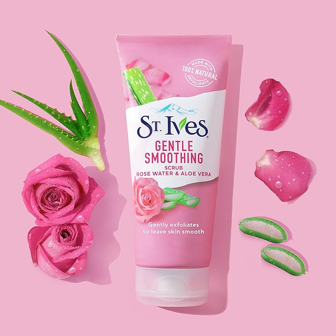 St. Ives Gentle Smoothing Face Scrub Our Gentlest Scrub Yet Rose Water and Aloe Vera Made with 100 percent Natural Exfoliants, Paraben Free, Oil-Free