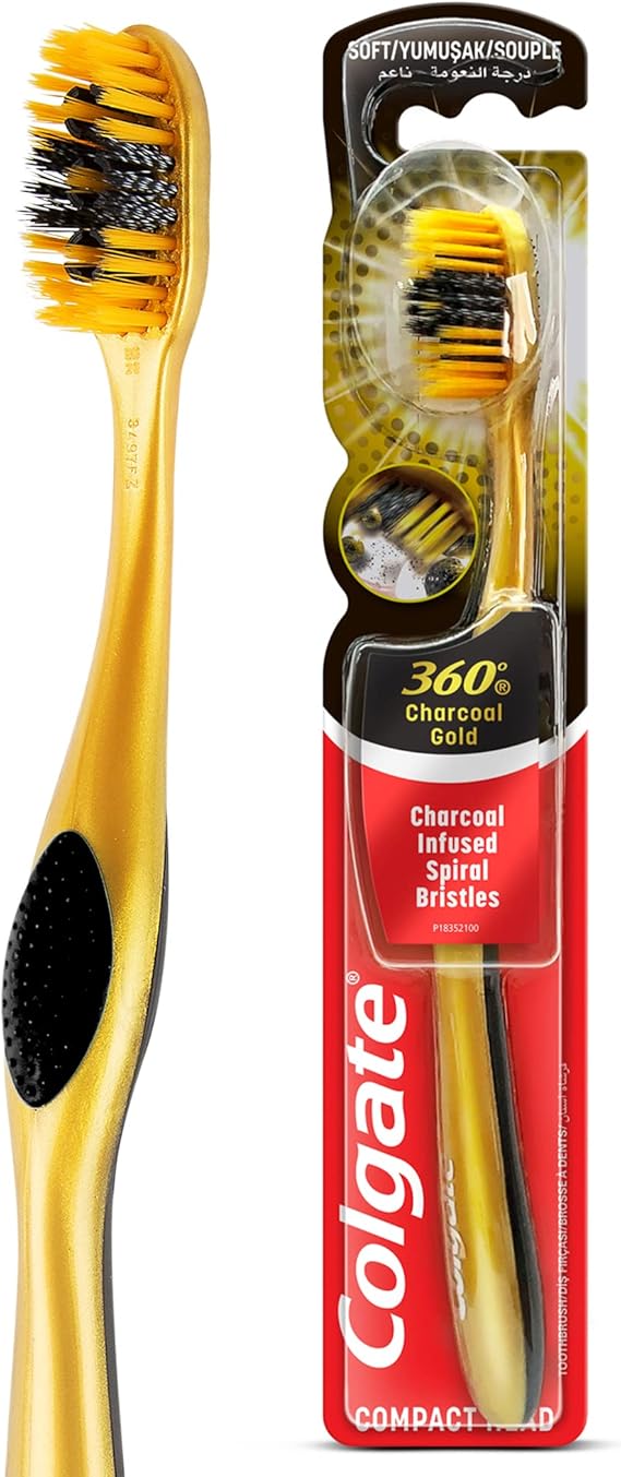 Colgate 360 charcoal gold toothbrush, infused spiral britles multi color