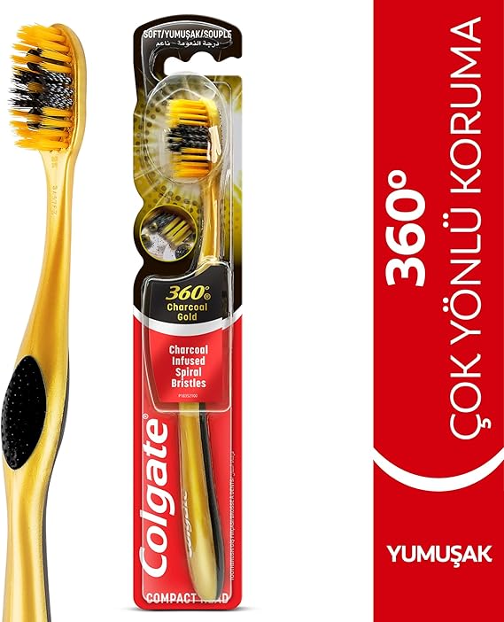 Colgate 360 charcoal gold toothbrush, infused spiral britles multi color