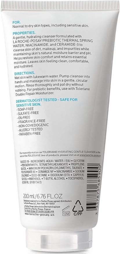 La Roche-Posay Toleriane Hydrating Gentle Facial Cleanser, Daily Face Wash with Ceramide and Niacinamide for Normal to Dry Sensitive Skin