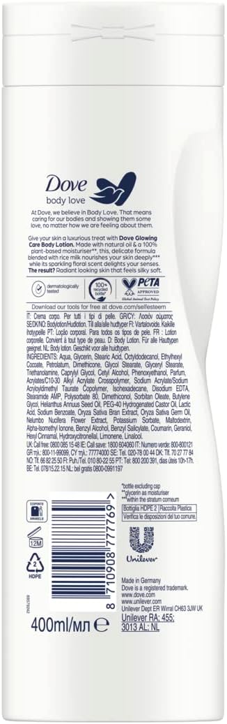 DOVE Body Love Glowing Care Body Lotion, made with 100% natural oils, Lotus Flower Extract & Rice Milk up to 48 hours of moisturization, 400ml