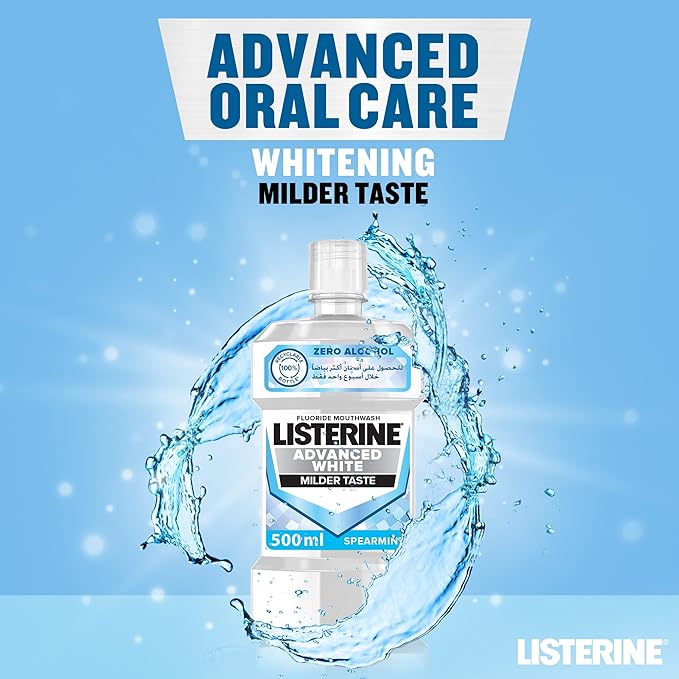 Listerine, Advanced White Mouthwash, Removes Tough Stains, Milder Taste, Spearmint Flavour, 500ml