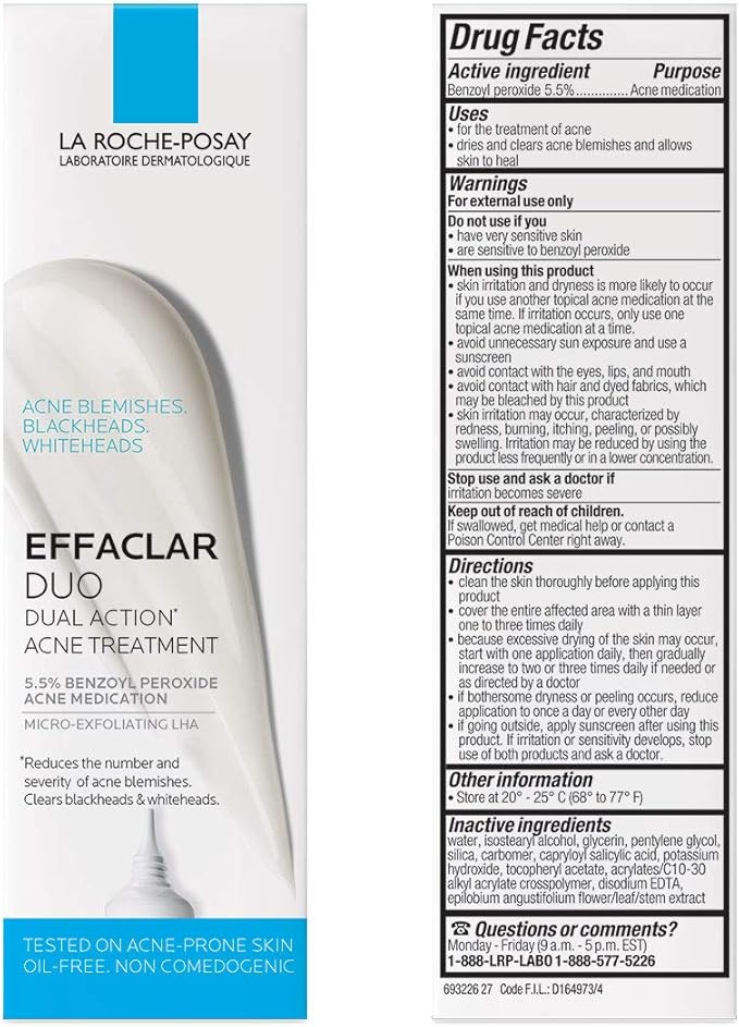 La Roche-Posay Effaclar Duo Dual Action Acne Spot Treatment Cream with Benzoyl Peroxide Acne Treatment, Blemish Cream for Acne and Blackheads, Lightweight,20 ml