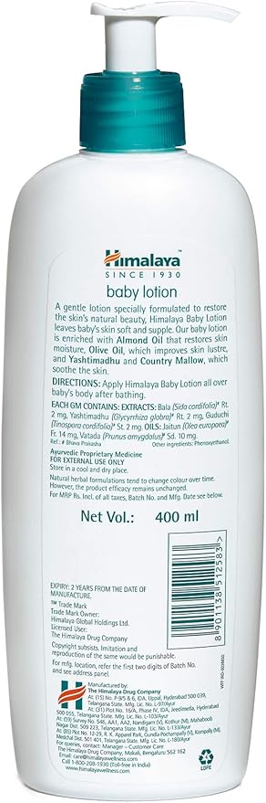 Himalaya Baby Lotion | No Parabens, Dyes & Synthetic Colors is a Quick-Absorbing Daily-Use Lotion -400ml