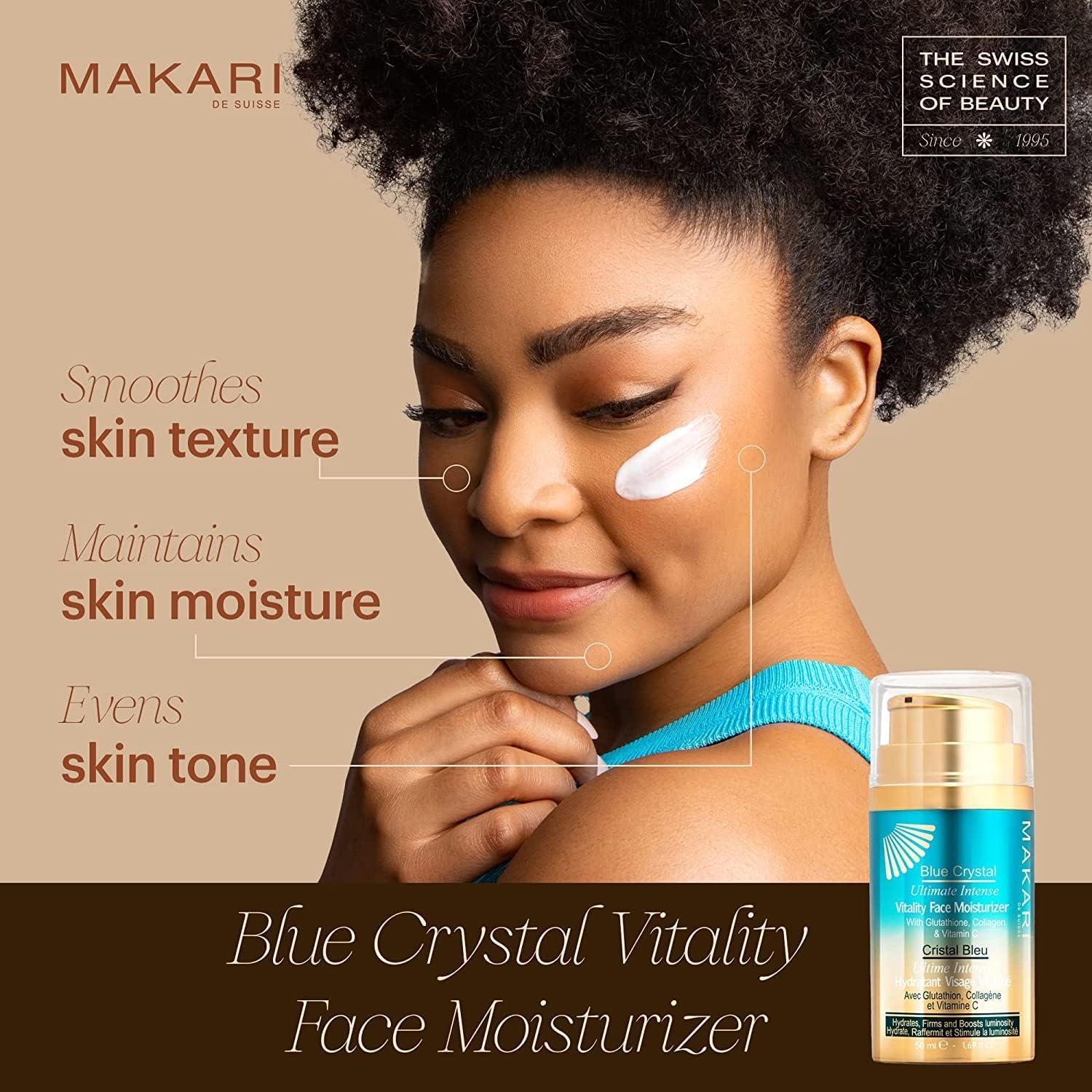 Makari Blue Crystal Vitality Face Moisturiser 50ml - Lightening, Brightening, Moisturising Cream With Natural Glutathione - Softens Dry Patches And Wrinkles - Blocks The Production Of Melanin
