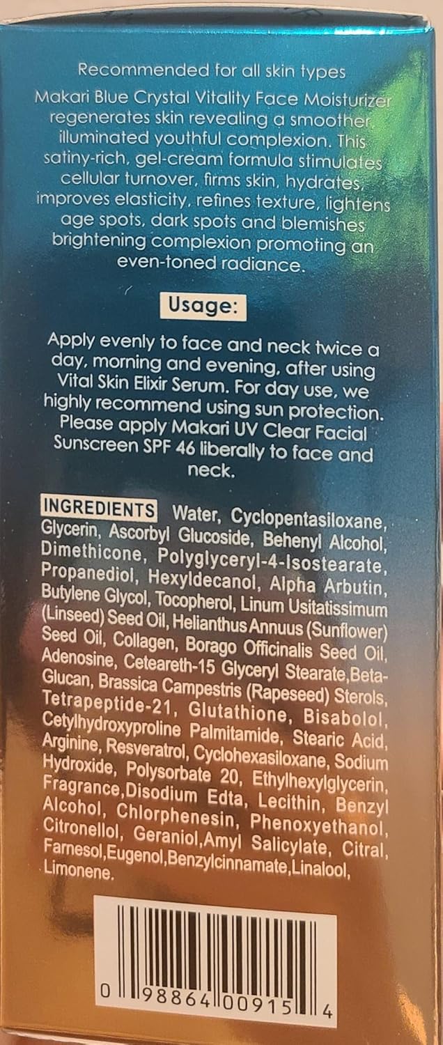 Makari Blue Crystal Vitality Face Moisturiser 50ml - Lightening, Brightening, Moisturising Cream With Natural Glutathione - Softens Dry Patches And Wrinkles - Blocks The Production Of Melanin