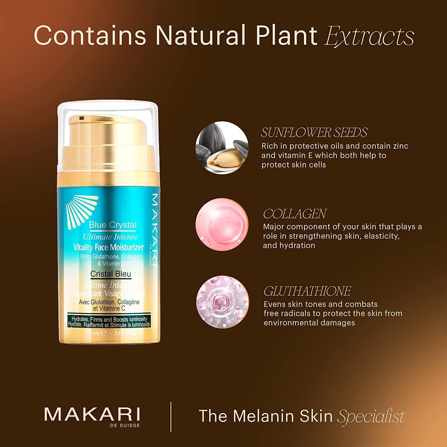 Makari Blue Crystal Vitality Face Moisturiser 50ml - Lightening, Brightening, Moisturising Cream With Natural Glutathione - Softens Dry Patches And Wrinkles - Blocks The Production Of Melanin