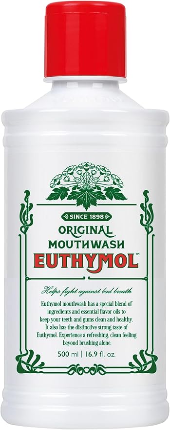 Euthymol Mouthwash Original 500ml, Flouride Free Alcohol-Free, Distinctive Strong Taste Flavour, Reduce Plaque Gingival Clean Healty Teeth Gums, Freshens Breath Refreshing Daily Oral Dental Care