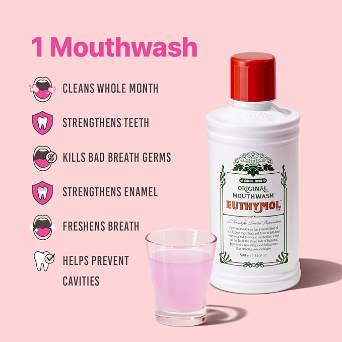 Euthymol Mouthwash Original 500ml, Flouride Free Alcohol-Free, Distinctive Strong Taste Flavour, Reduce Plaque Gingival Clean Healty Teeth Gums, Freshens Breath Refreshing Daily Oral Dental Care