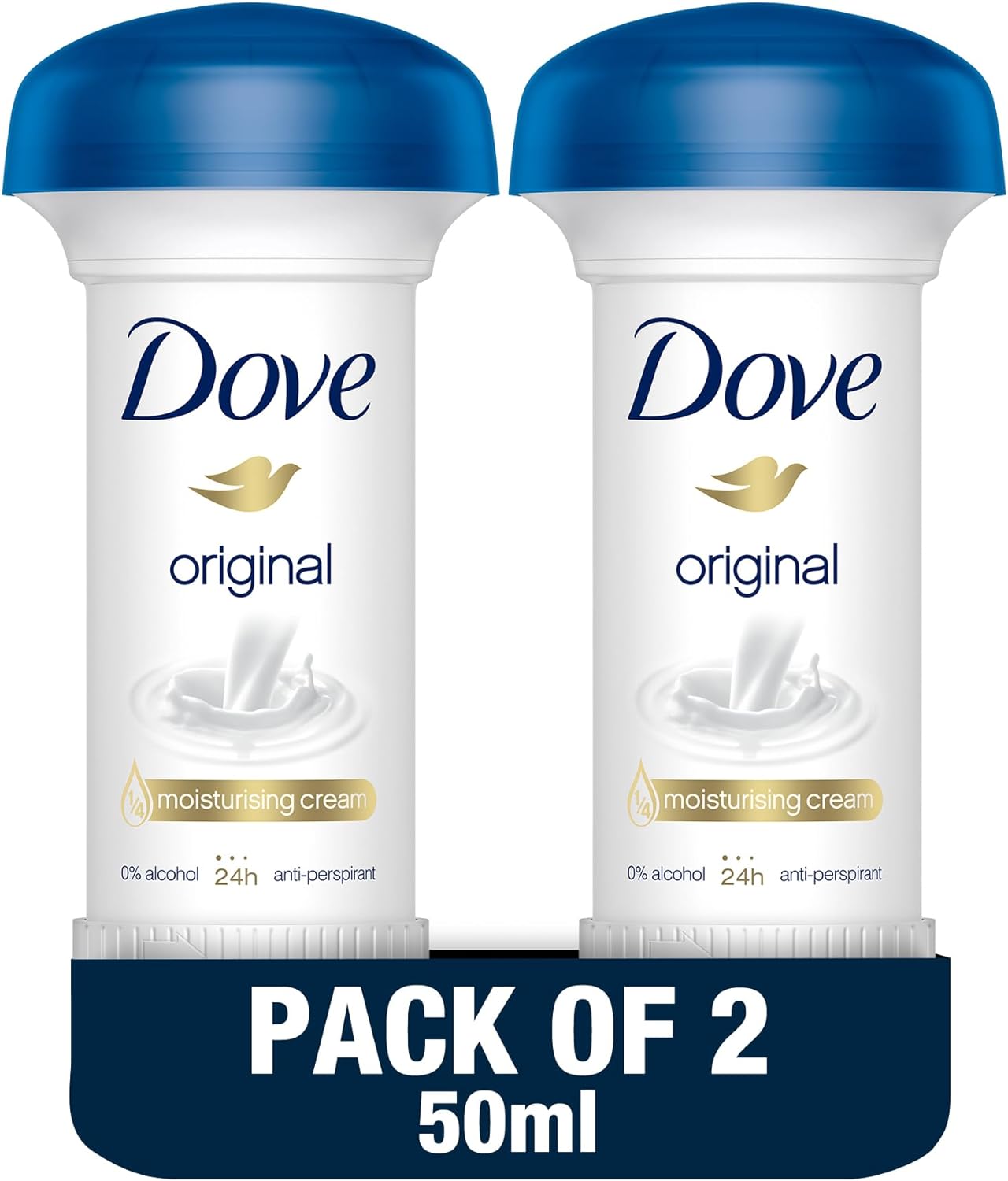 Dove Women Antiperspirant Deodorant Cream, for 24H Protection, Original, Alcohol Free with ¼ Moisturising Cream, 50ml, Pack of 2