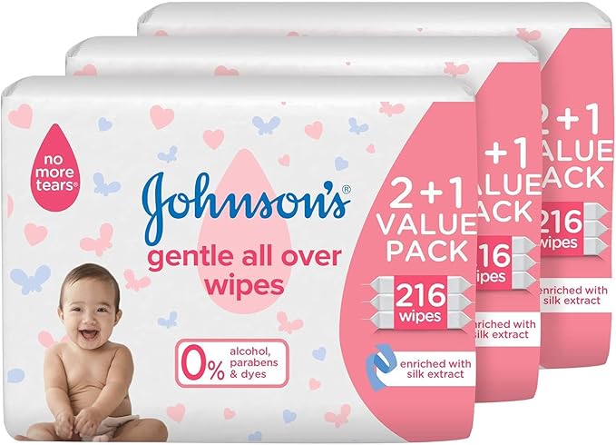 Johnson’s Baby No More Tears Gentle All Over Baby Wipes, 9+3, 12 packs of 72 wipes, Total 648 Wipes, Hypoallergenic, Ph Balanced