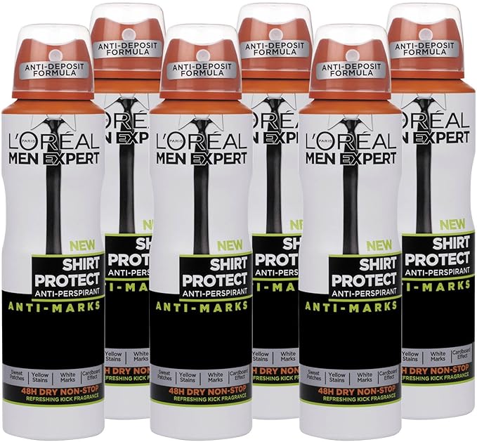 L'Oréal Men Expert Shirt Protect Deodorant for Men 150 ml Pack of 6, Bulk Buy